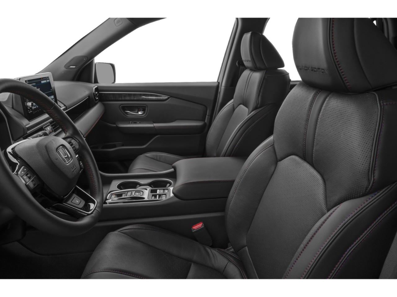 Black leather front seats with ergonomic design and modern dashboard view