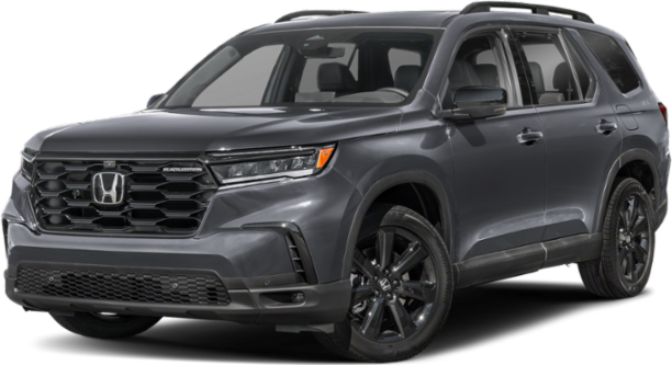 Front grille and side profile of a 2026 SUV in dark gray