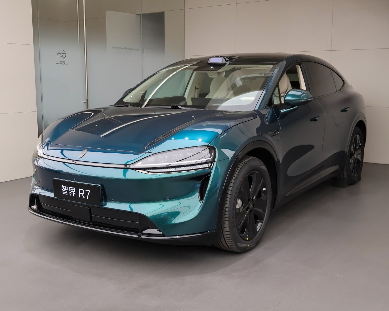 Sleek aerodynamic electric SUV front with LED headlights