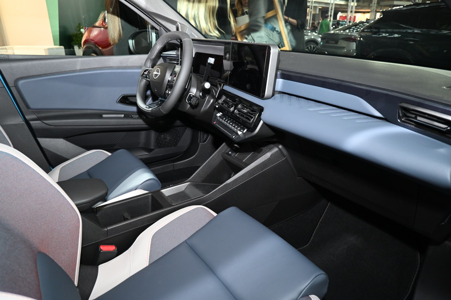 Digital dashboard and blue upholstery interior