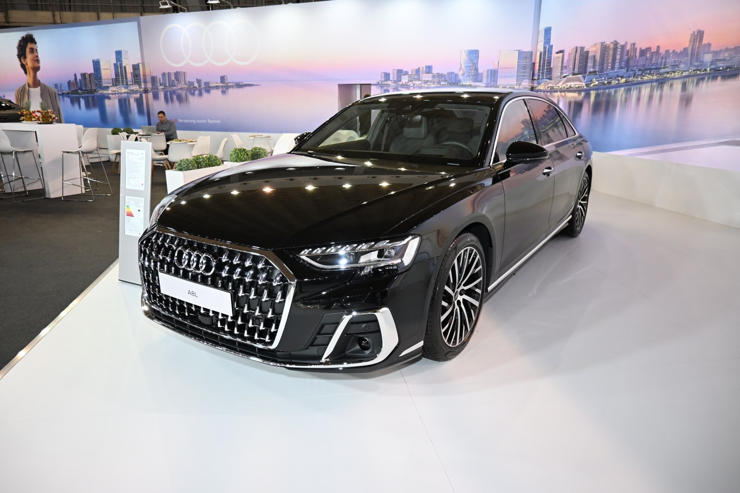 Luxury sedan with LED headlights and chrome grille