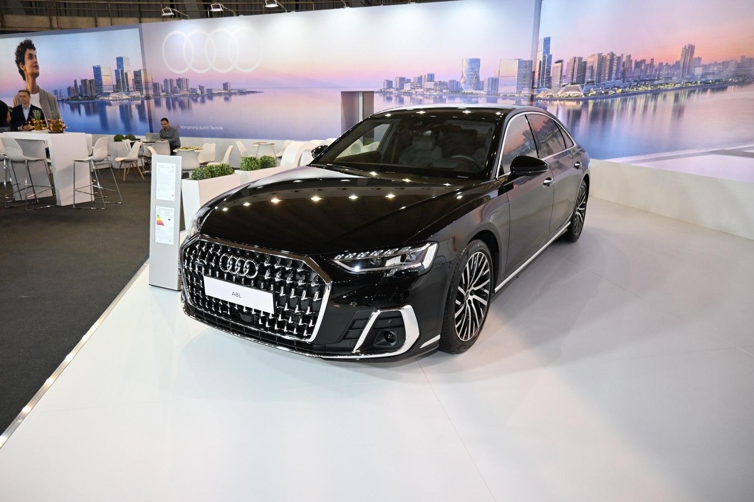 Luxury sedan with distinctive front grille and LED headlights