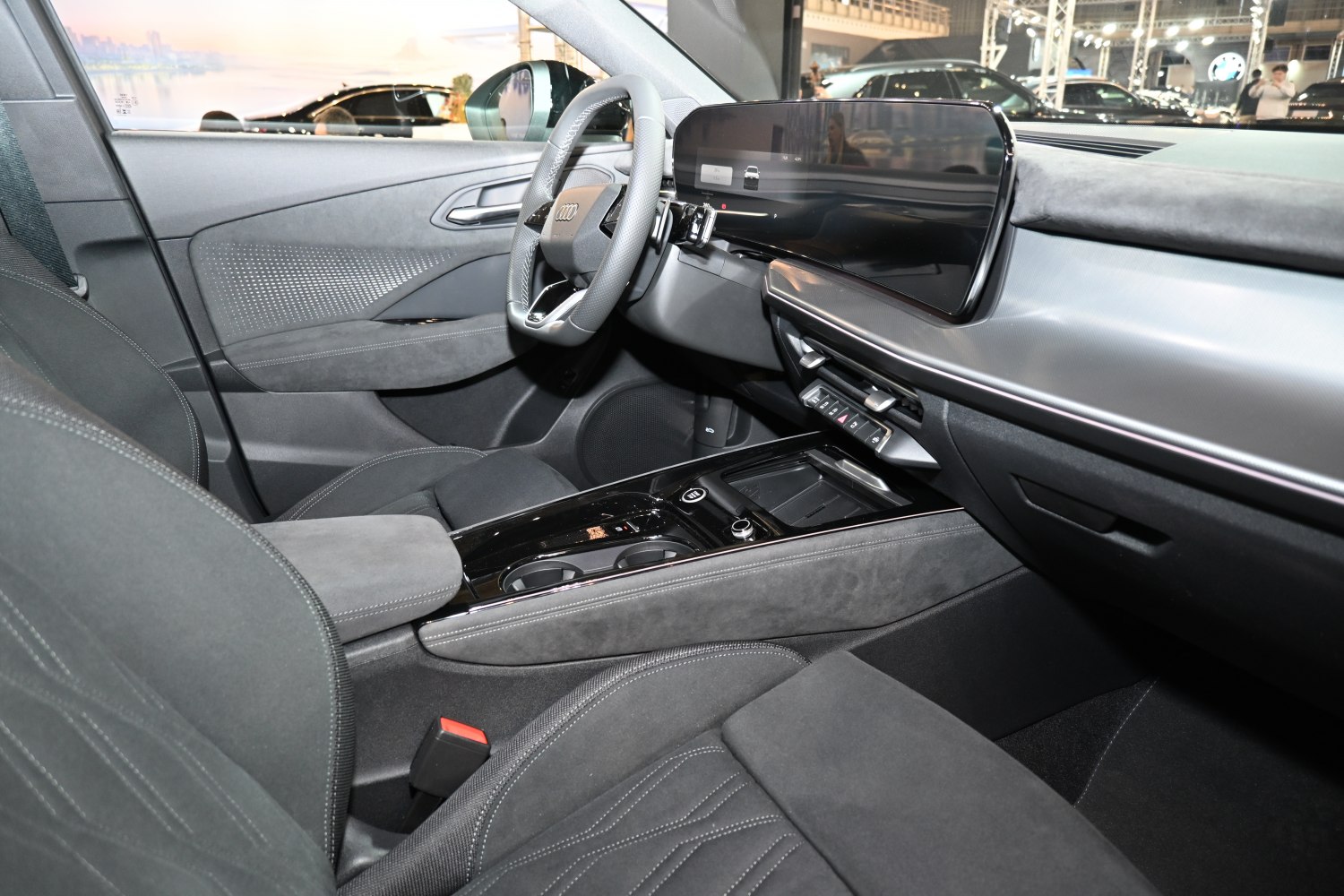 Modern car interior with digital dashboard and touchscreen display