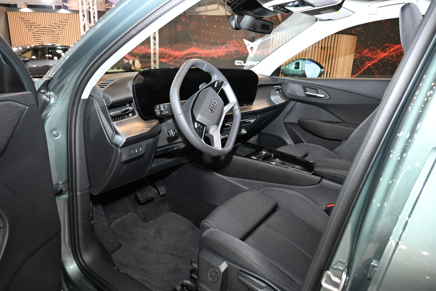 Modern car interior with digital dashboard and steering wheel