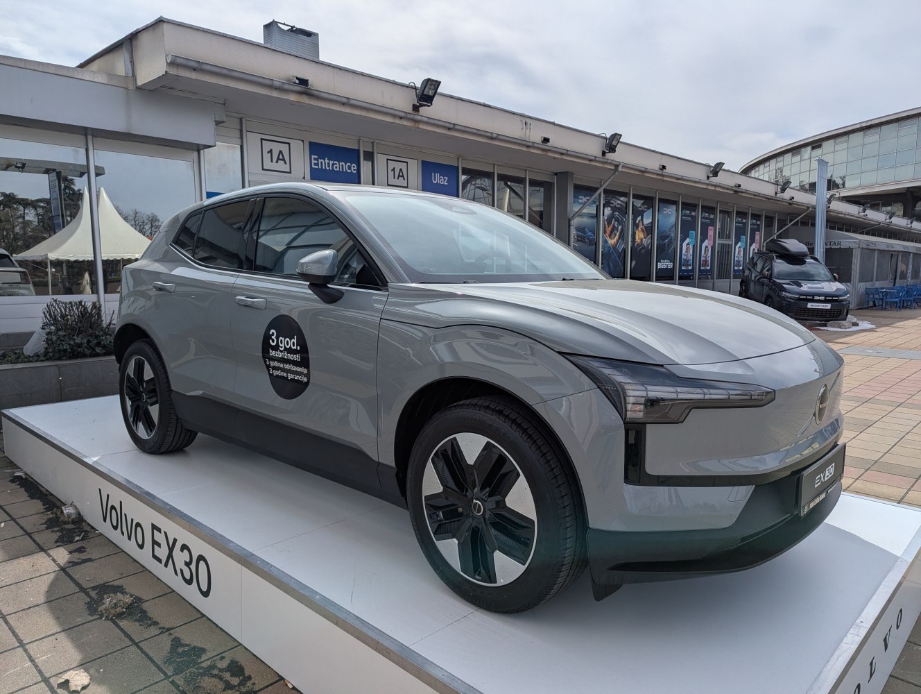 Sleek electric SUV with aerodynamic wheels and distinctive LED headlights