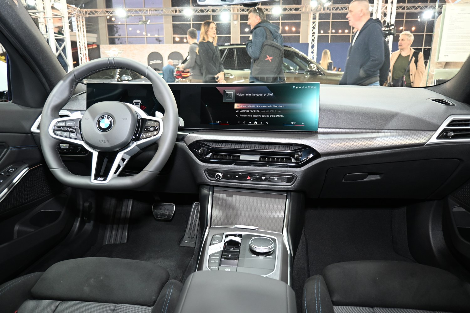 Digital dashboard and multifunction steering wheel in car interior