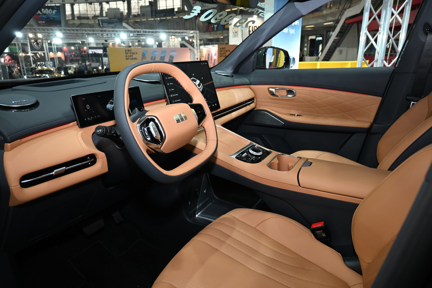 Modern electric car interior with digital dashboard and beige leather upholstery