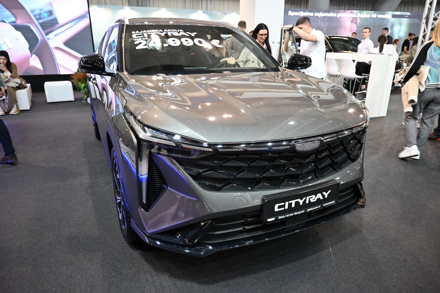 Bold front grille and sleek LED headlights on a modern vehicle front.