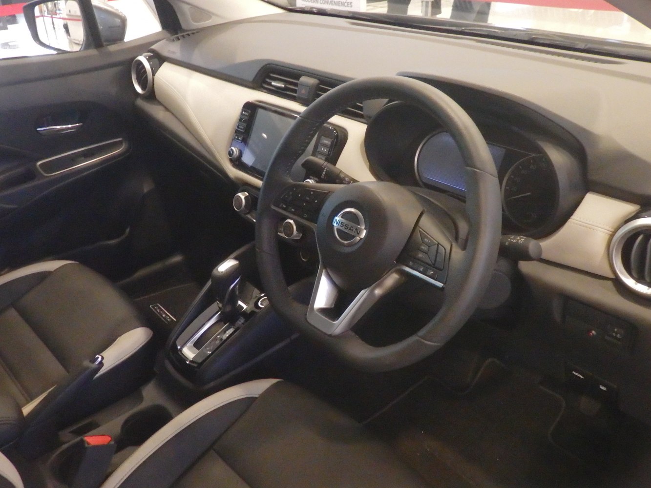 Dashboard, steering wheel, and touchscreen console interior