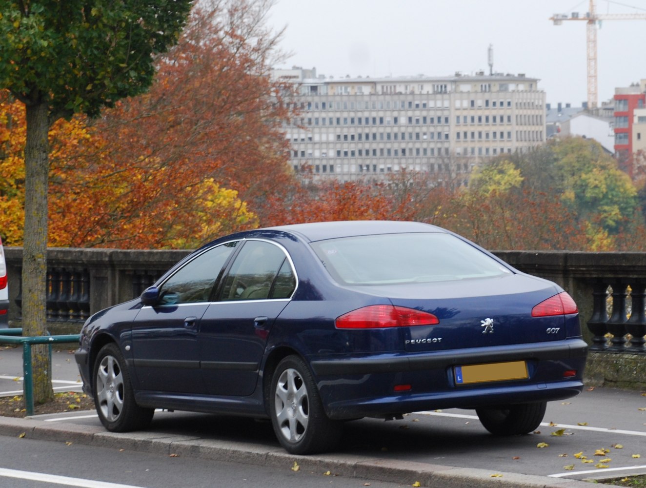 Rear view of sedan with distinct taillights and blue paint