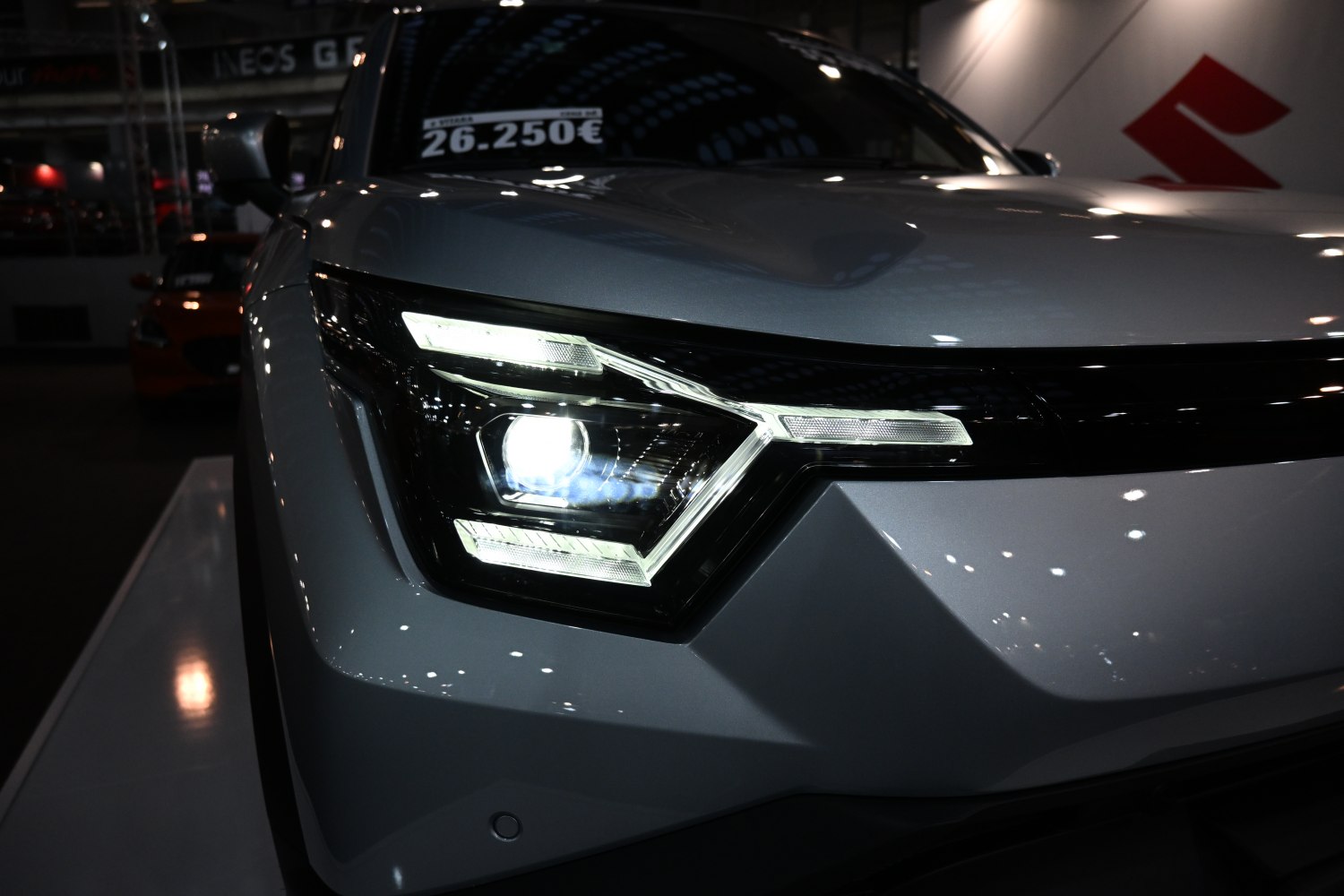 Close-up of modern LED headlight with sharp light signature