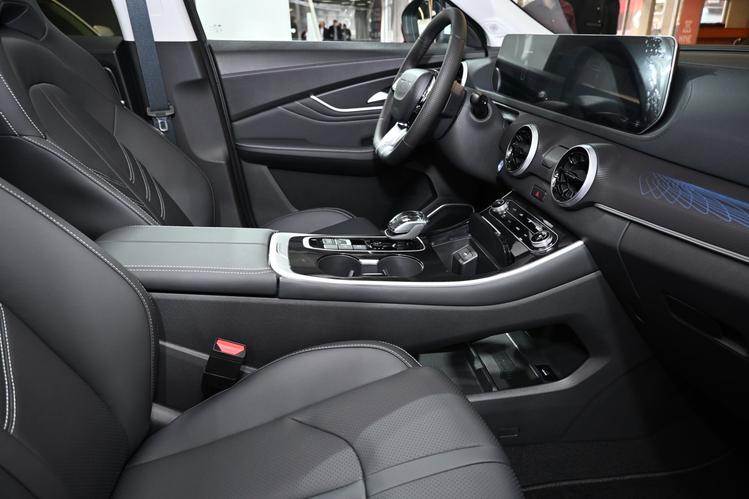 Modern car interior with touchscreen dashboard and center console