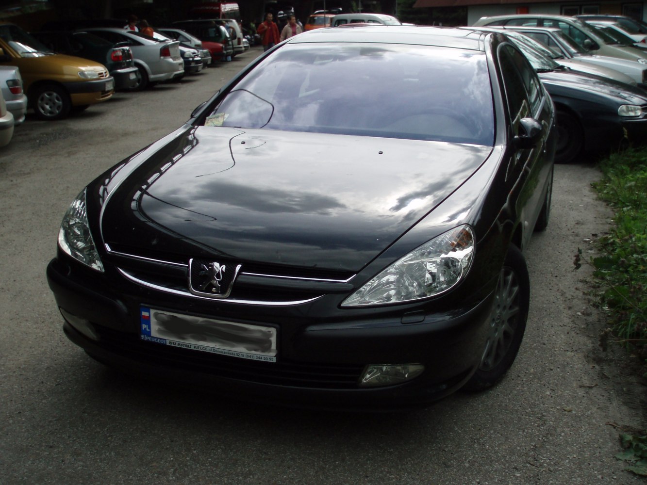 Front view with headlights and grille of a large black sedan