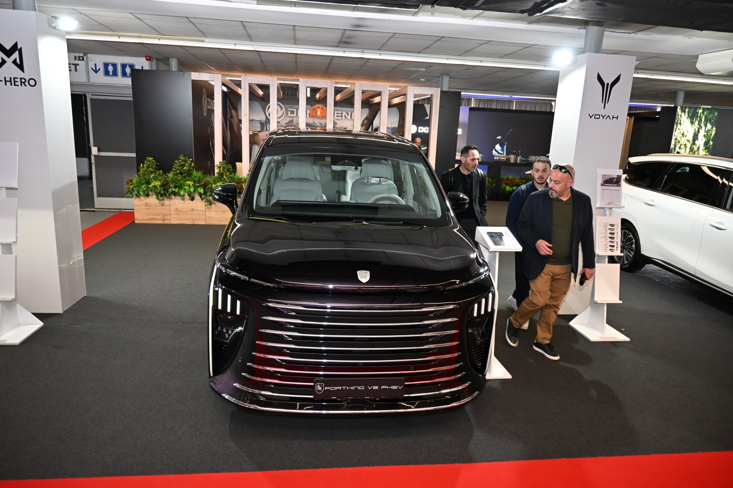 Wide horizontal grille and vertical LED daytime running lights on tinted black front fascia