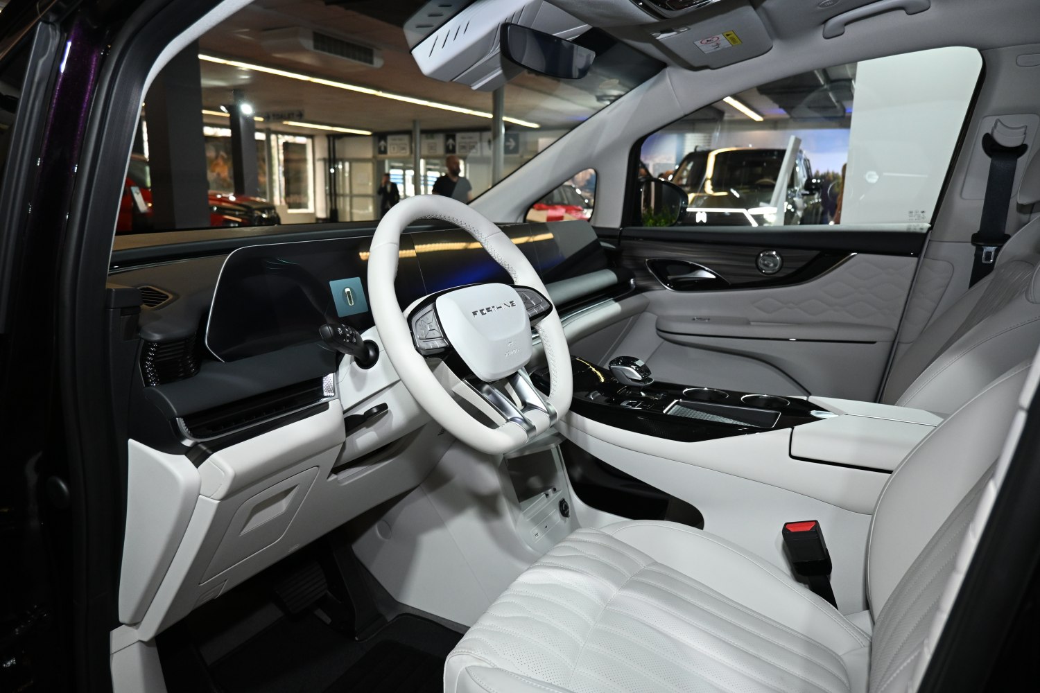 Digital dashboard and modern steering wheel in a vehicle interior