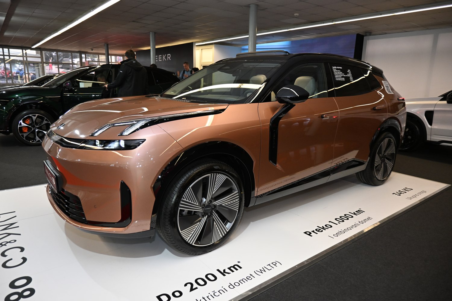 Sleek electric SUV with aerodynamic shape and LED headlights