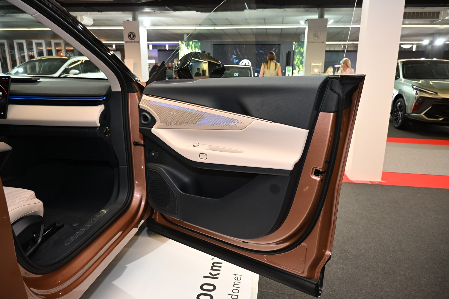 Two-tone car door interior with integrated speaker and control panel