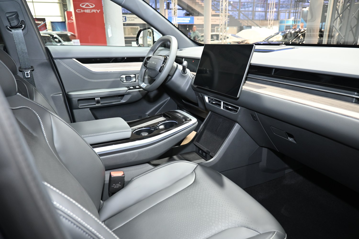 Modern car interior with digital dashboard and premium seats