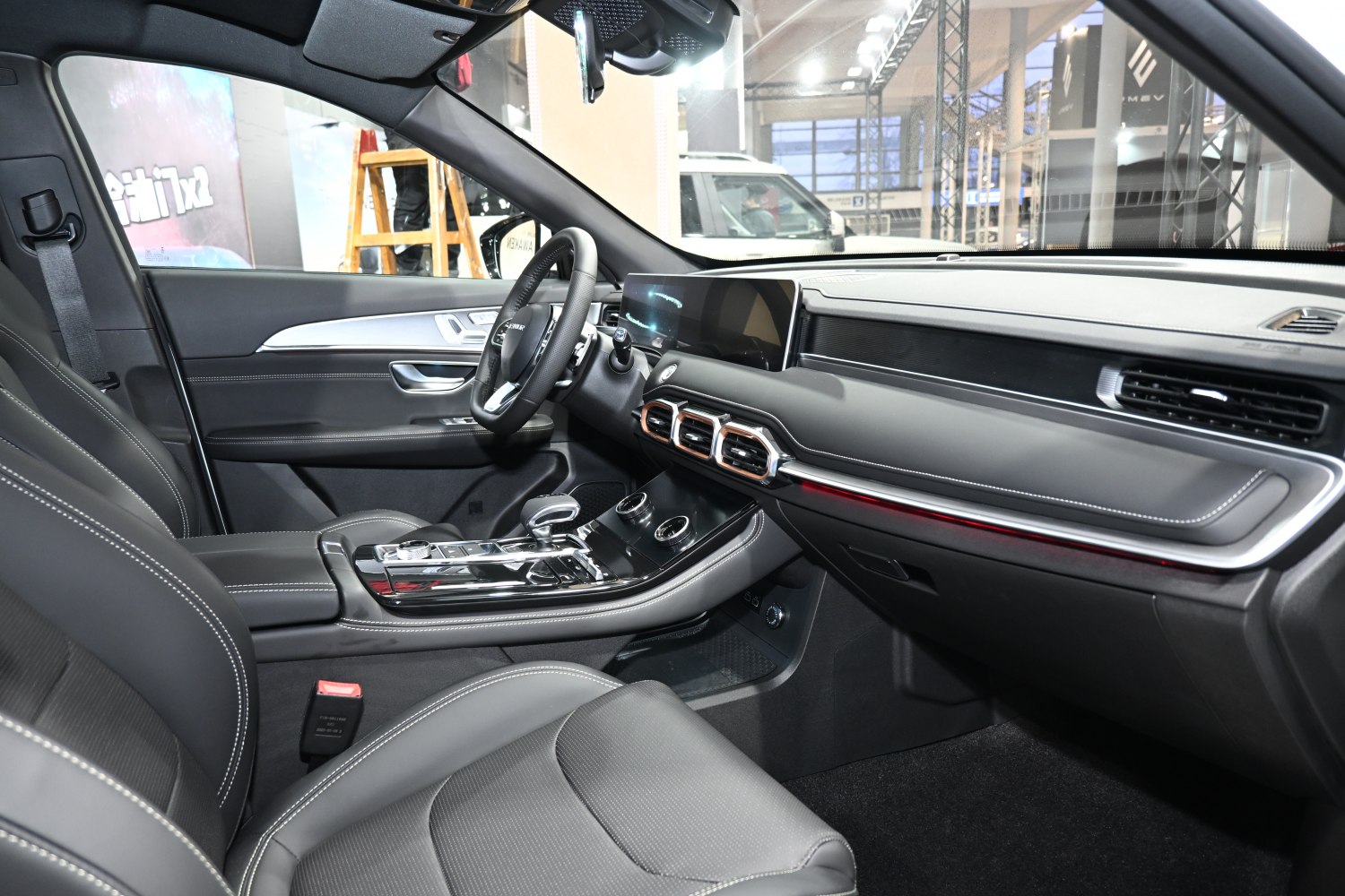 Modern car interior with digital displays and sleek dashboard layout