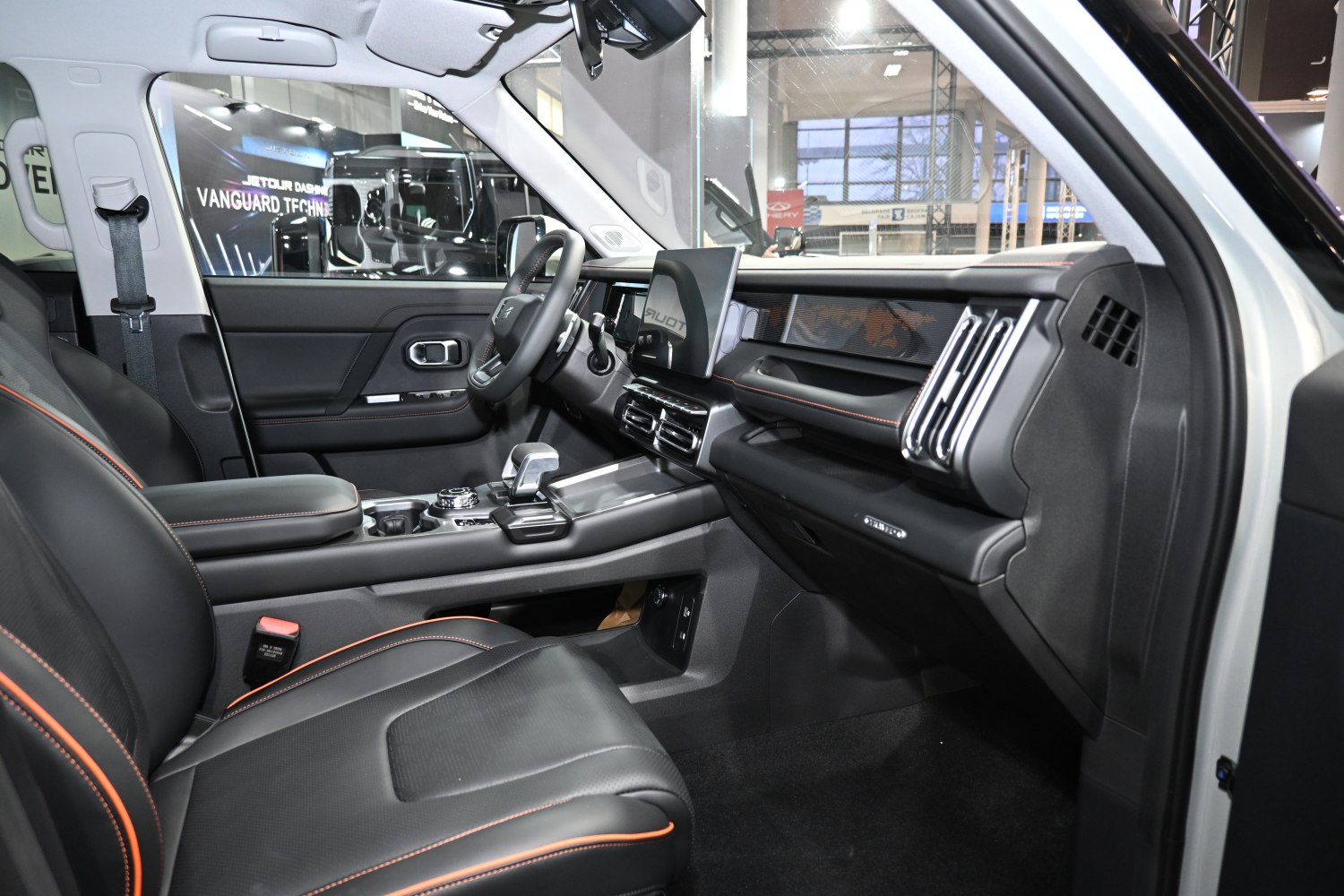 Modern car interior with digital display and leather seats