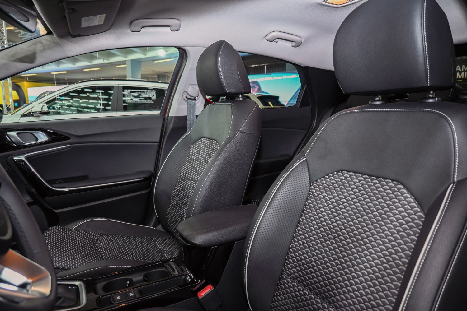 Black leather front seats with patterned center upholstery