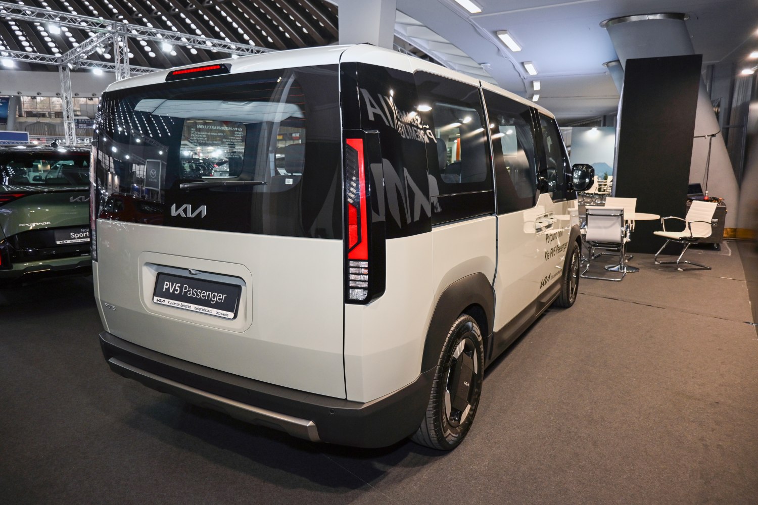Rear view of van with vertical taillights and large tinted windows