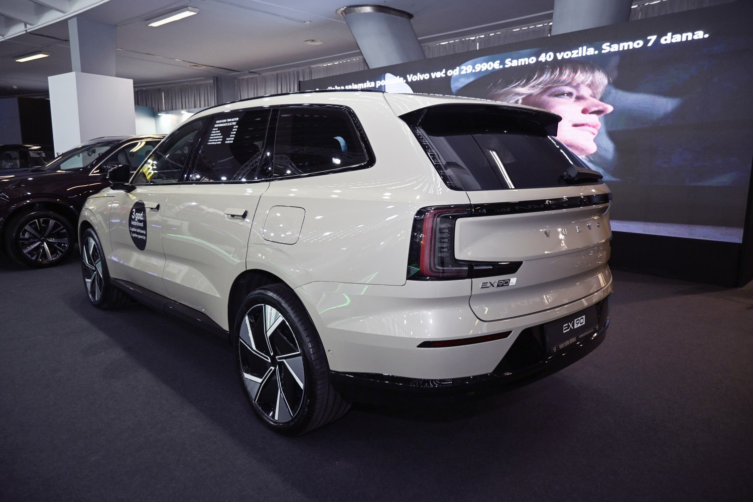 Rear side view of electric SUV with large alloy wheels and sleek taillights