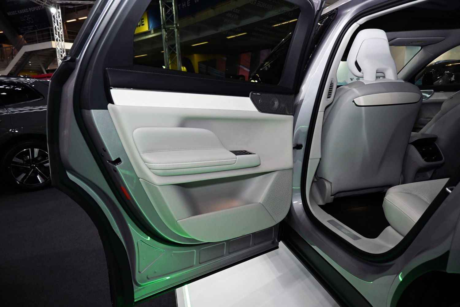 Rear door panel and comfortable white leather rear seat interior