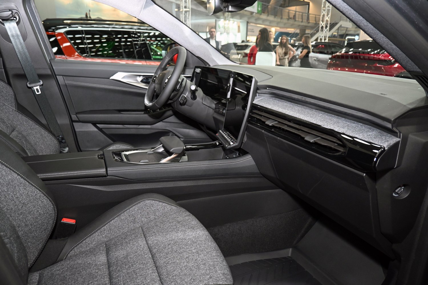 Modern car interior with digital dashboard and automatic gear lever