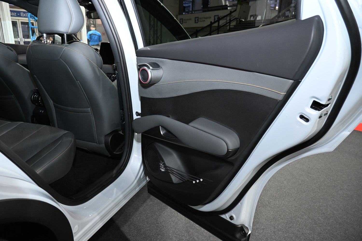 Rear door panel with armrest, speaker, and back seat interior details