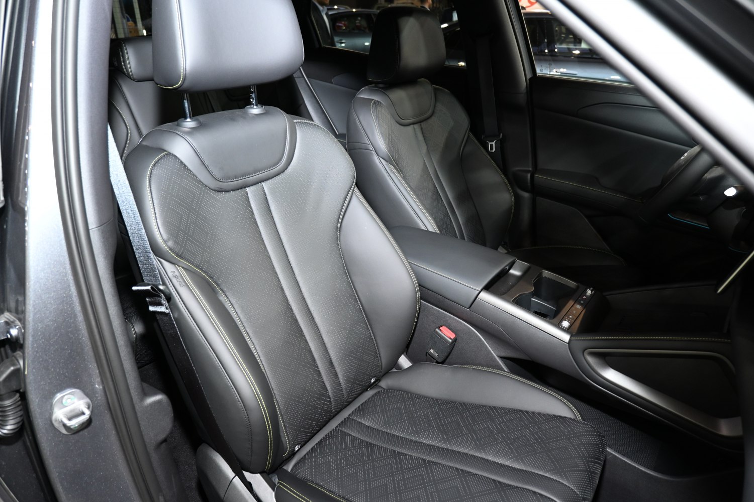 Front seats with leather upholstery and detailed stitching in an electric car interior.