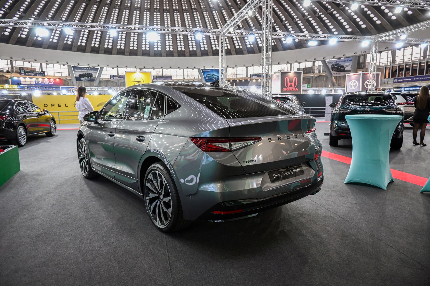 Rear view of sleek Skoda SUV with LED tail lights and alloy wheels