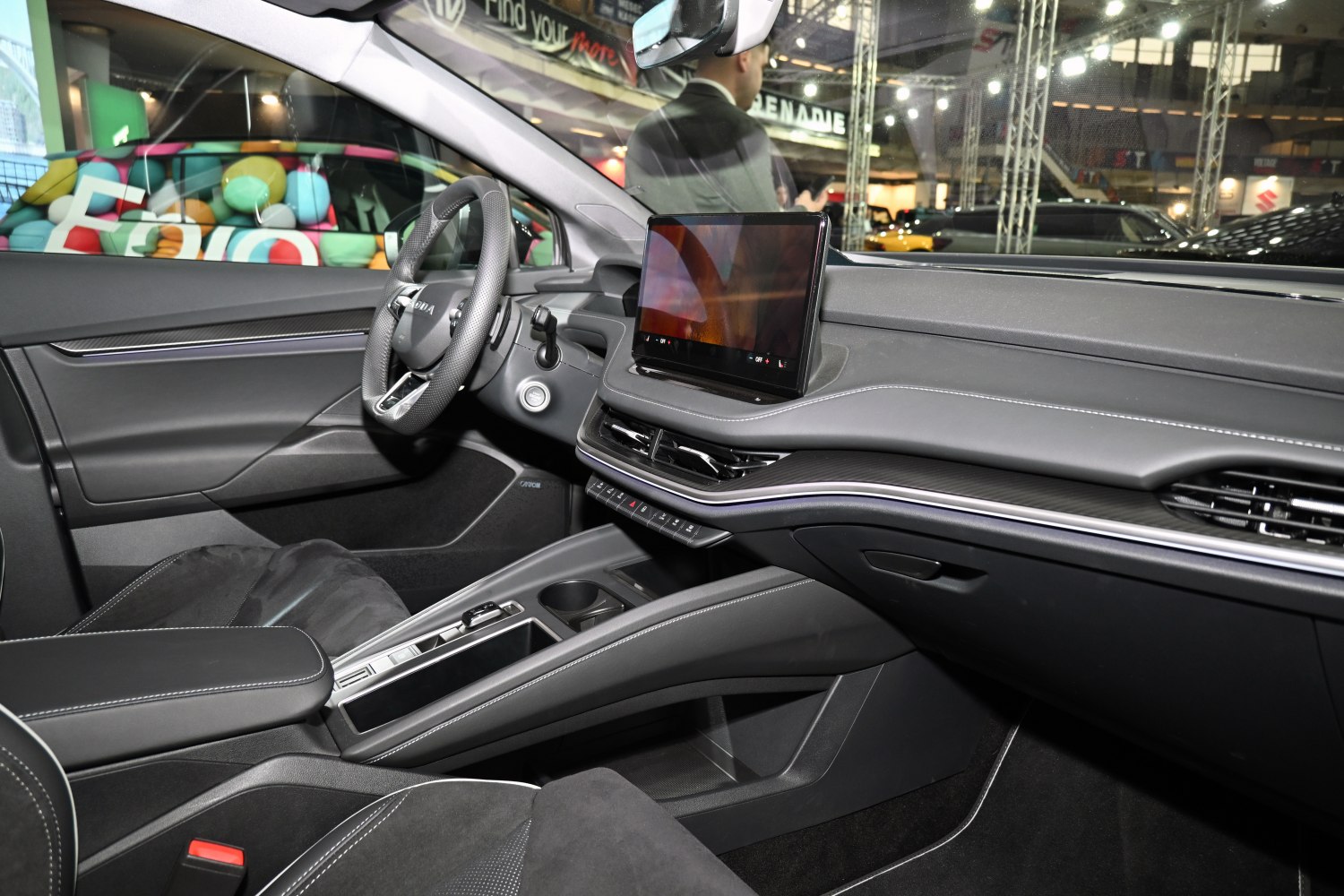 Modern car dashboard with digital touchscreen and center console
