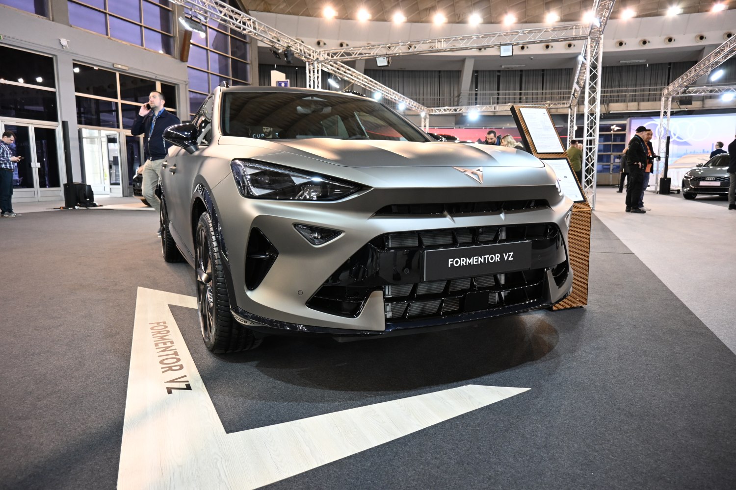 Sporty front view with aggressive bumper and LED headlights