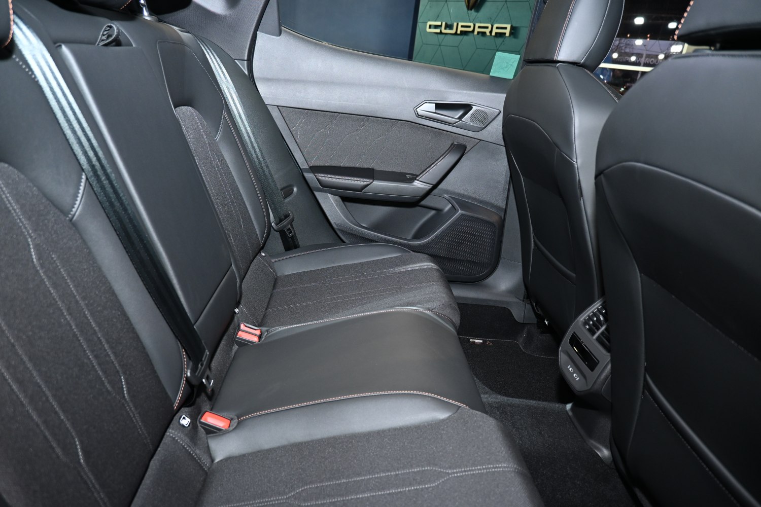 Rear seat interior with upholstery and rear air vents