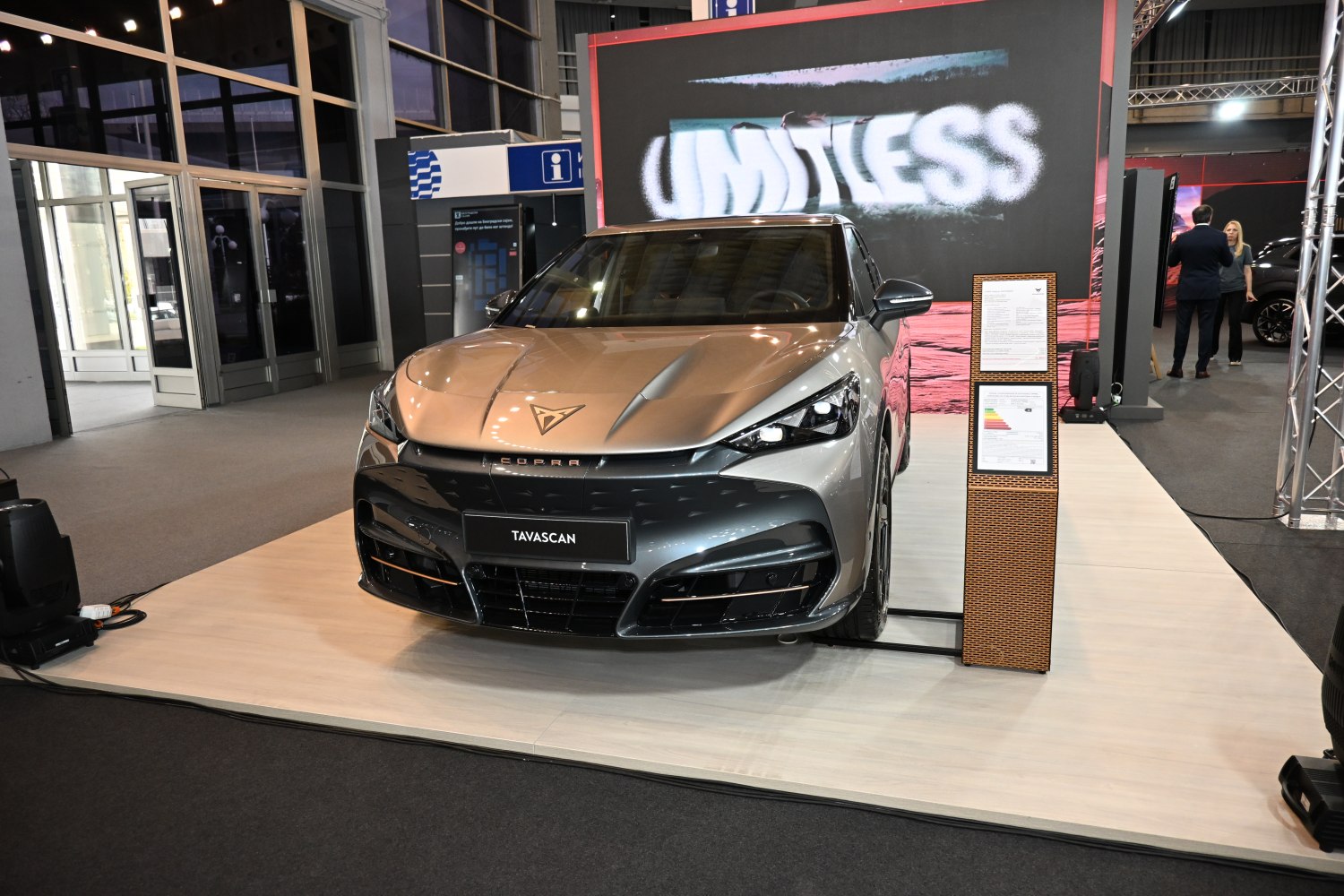 Front view of a modern electric SUV with sharp LED headlights