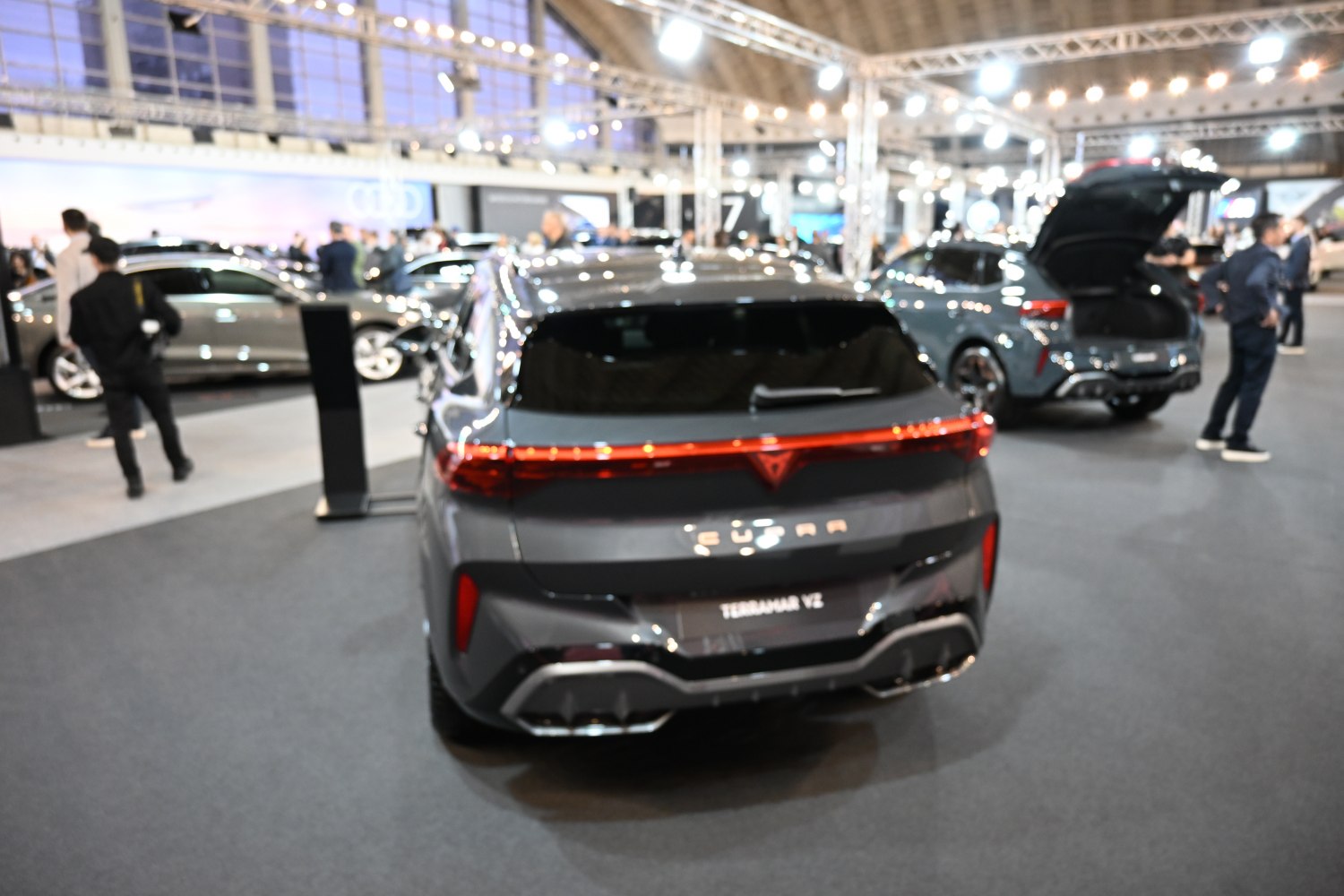 Rear view with continuous LED tail light strip and sporty bumper