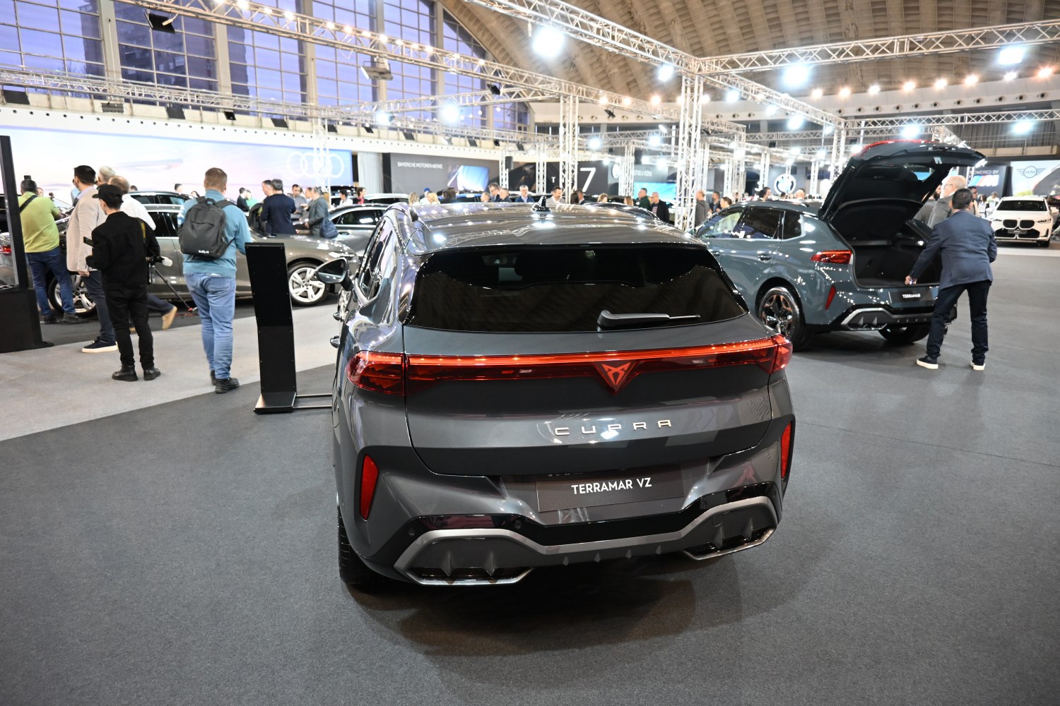 Rear view of modern SUV with sporty taillights and dual exhaust