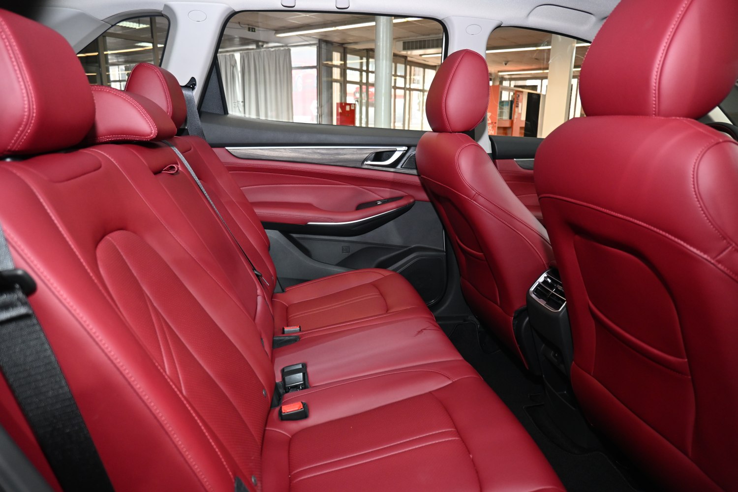 Red leather rear seats with headrests and door panel