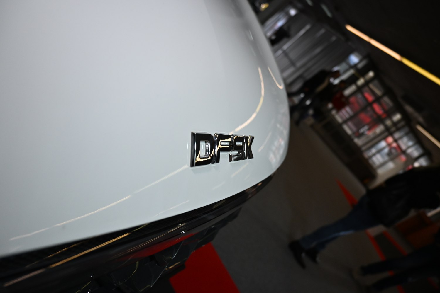 Close-up of shiny DFSK emblem on white surface