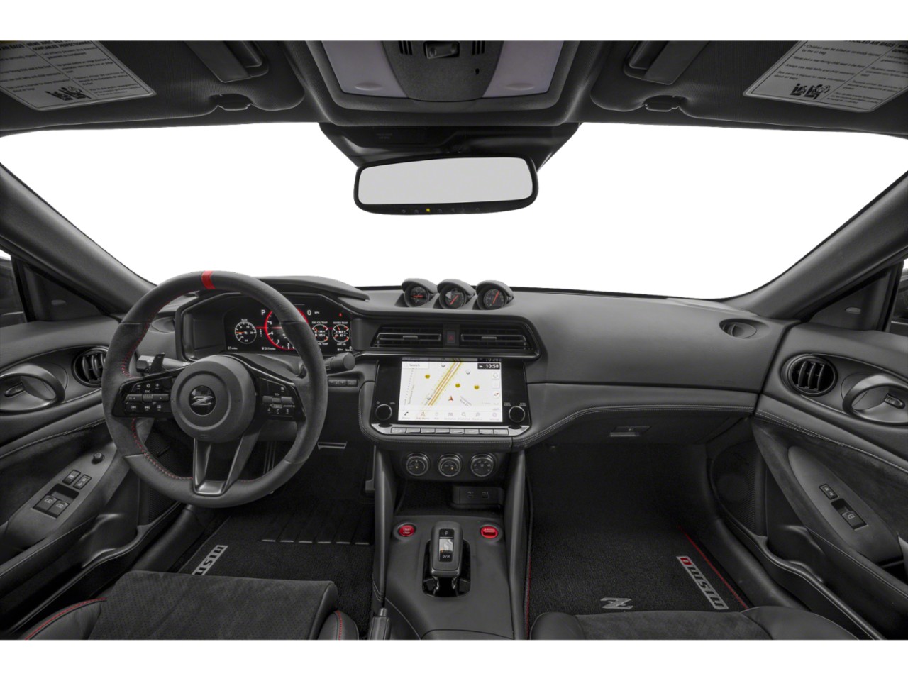 Digital dashboard, touchscreen, and sporty steering wheel layout