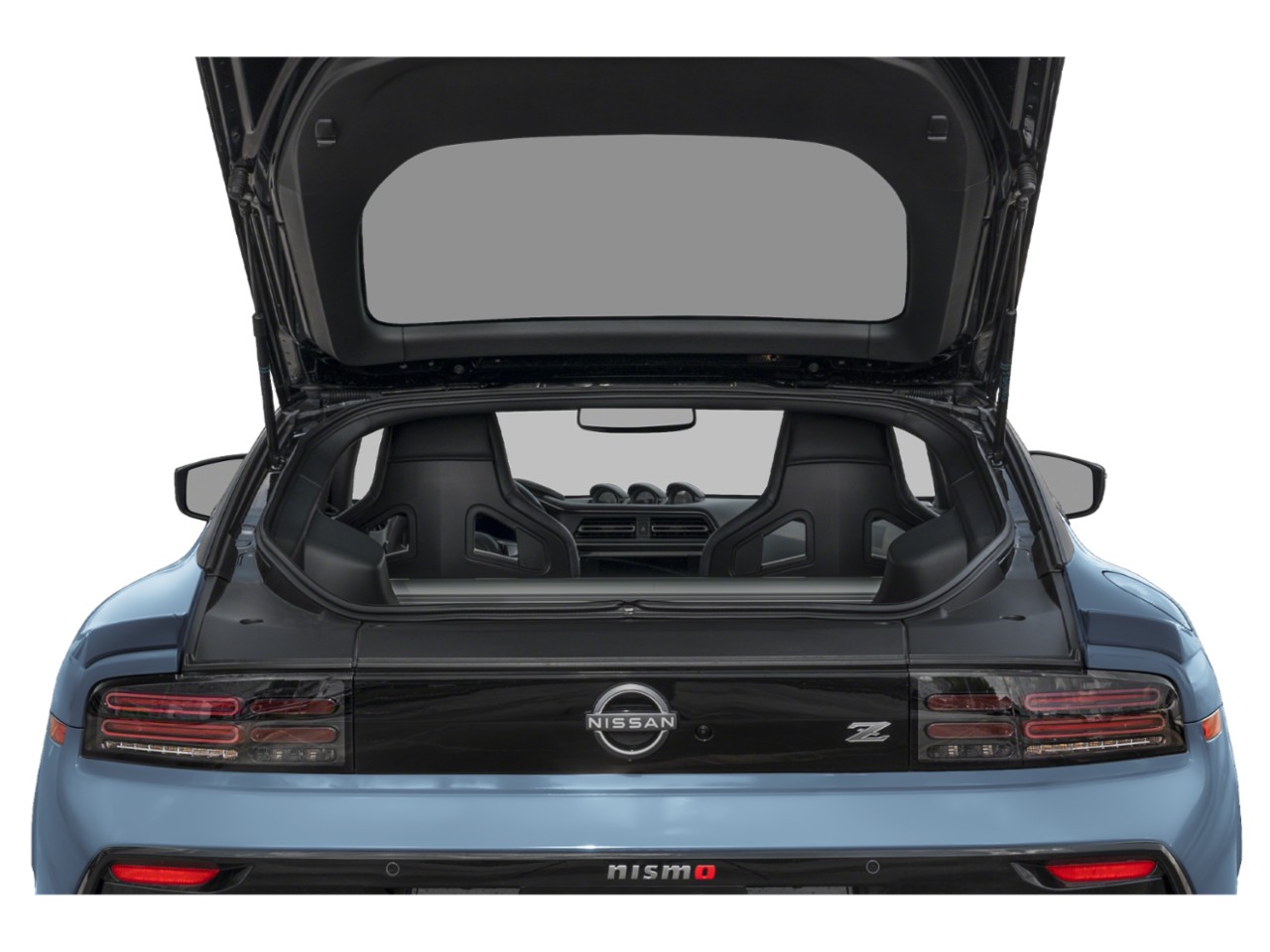 Rear hatch open showing interior seats and taillights