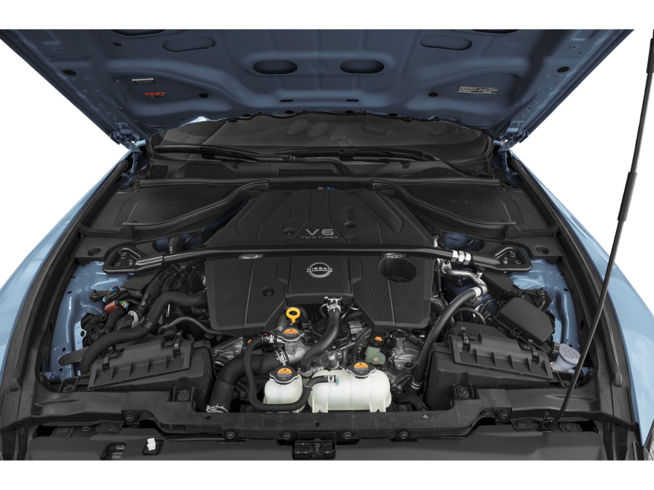 V6 twin turbo engine bay with structural strut bar