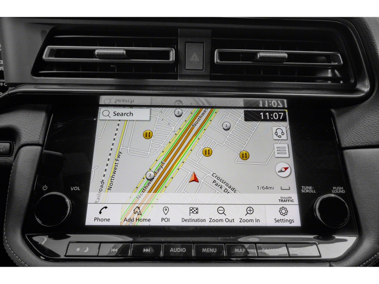 In-dash navigation display with map, touch controls, and traffic info