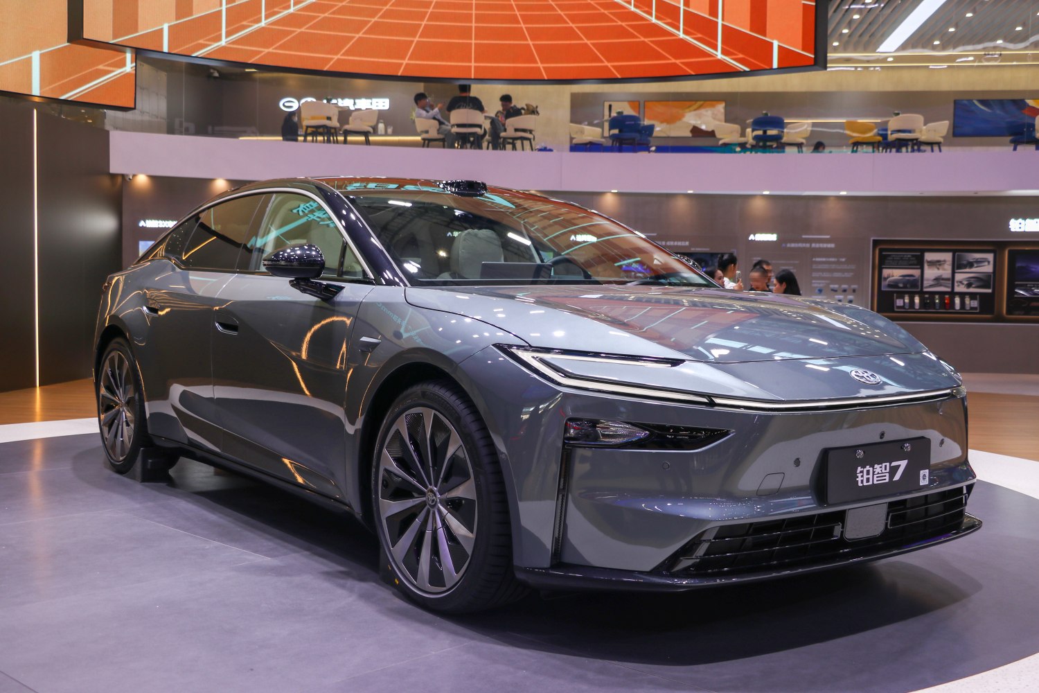 Sleek electric sedan with advanced LED headlights and aerodynamic design