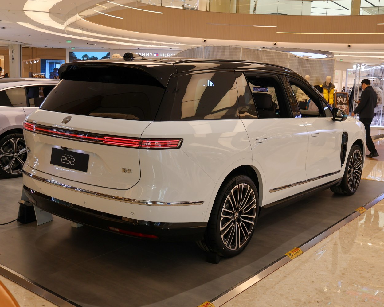 Rear view of electric SUV with LED taillights and black roof.