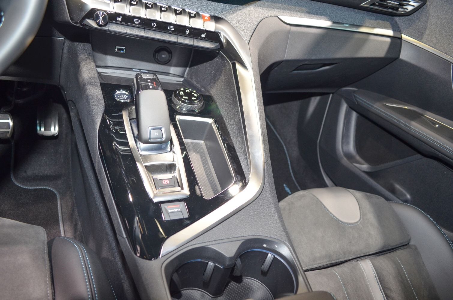 Gear shift and control panel on center console