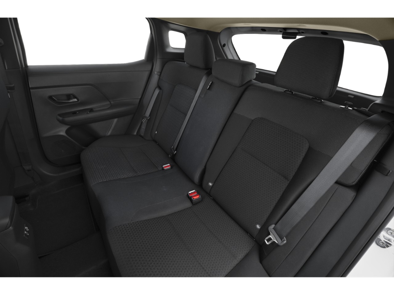 Rear seat with black fabric upholstery and headrests