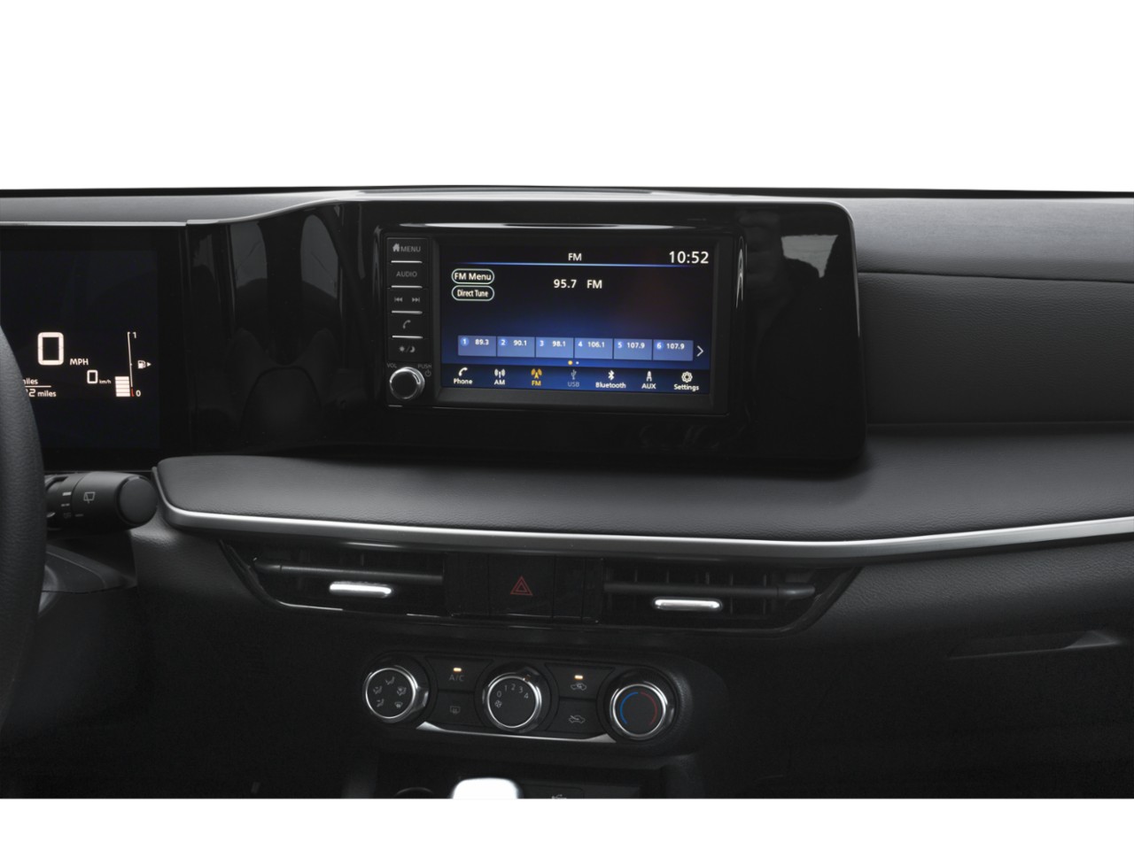 Infotainment screen with FM radio and climate control panel