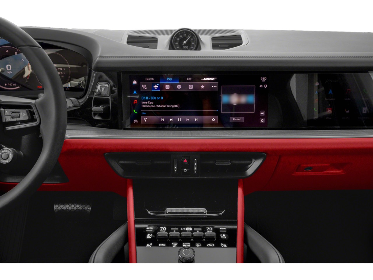 Digital dashboard and climate control panel with red trim